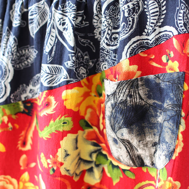Buddha Stones Blue Red Peony Flowers Patchwork Cotton Linen Harem Pants With Pockets - image 10