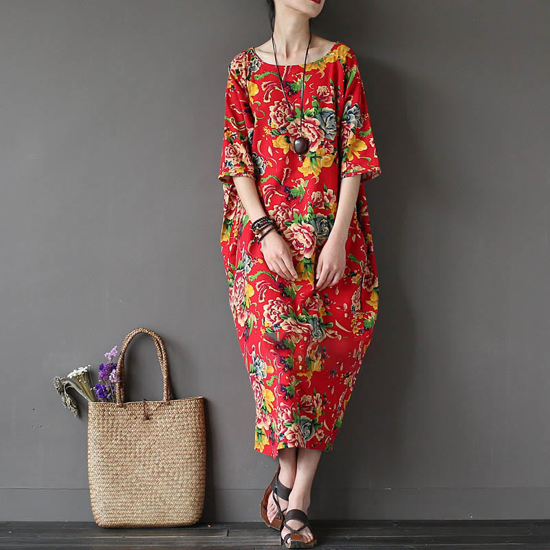 Buddha Stones Red Peony Flowers Printed Midi Dress Half Sleeve Cotton Linen Dress - image 1