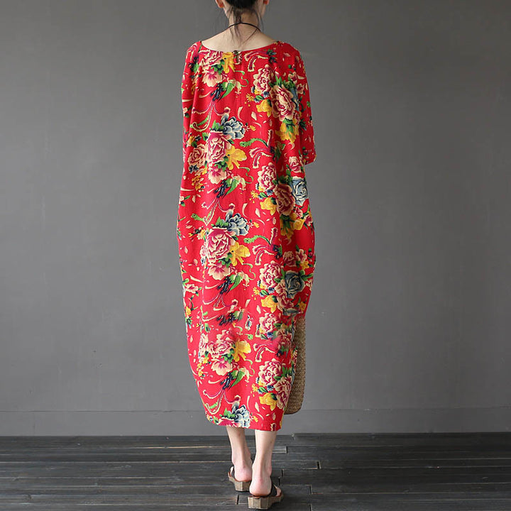 Buddha Stones Red Peony Flowers Printed Midi Dress Half Sleeve Cotton Linen Dress - image 3
