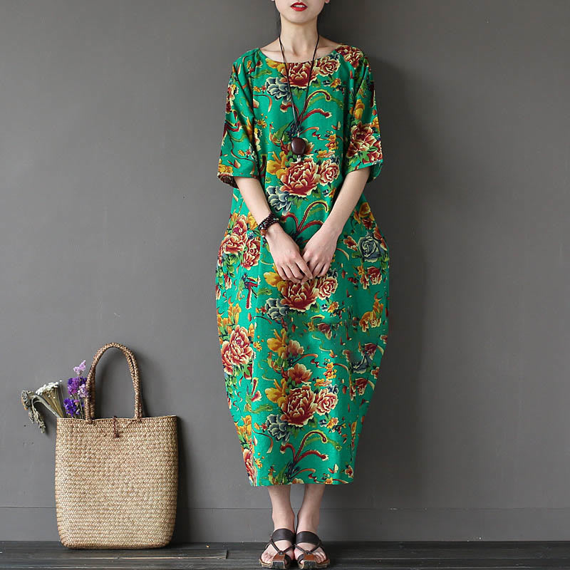 Buddha Stones Red Peony Flowers Printed Midi Dress Half Sleeve Cotton Linen Dress - image 11