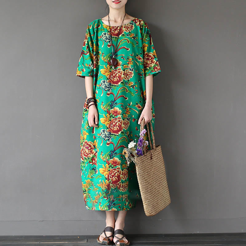 Buddha Stones Red Peony Flowers Printed Midi Dress Half Sleeve Cotton Linen Dress - Green-US4-12，UK/AU8-16，EU36-44 (F) - image 7