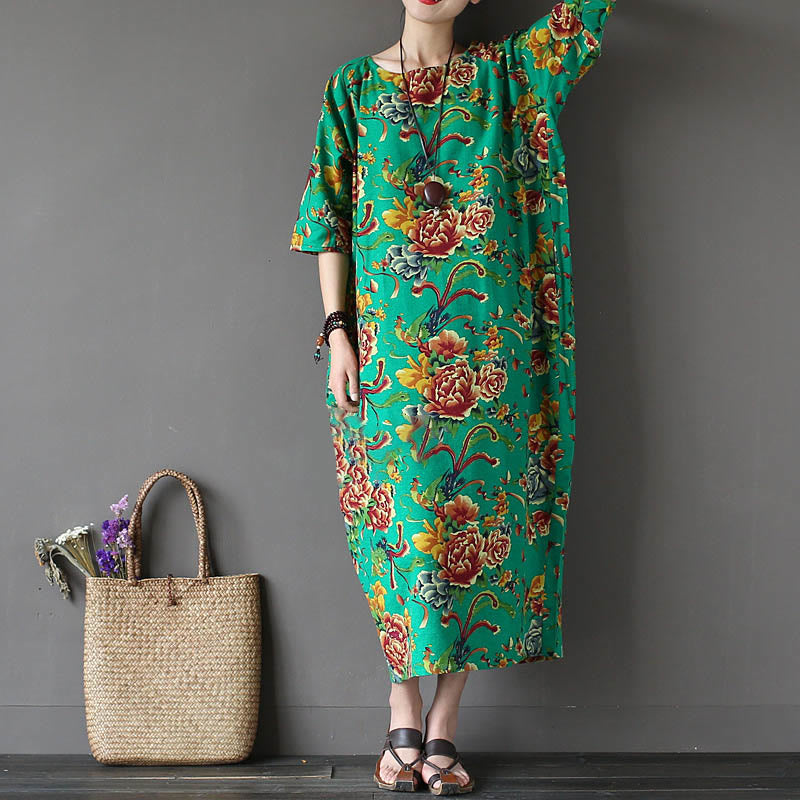 Buddha Stones Red Peony Flowers Printed Midi Dress Half Sleeve Cotton Linen Dress - image 8
