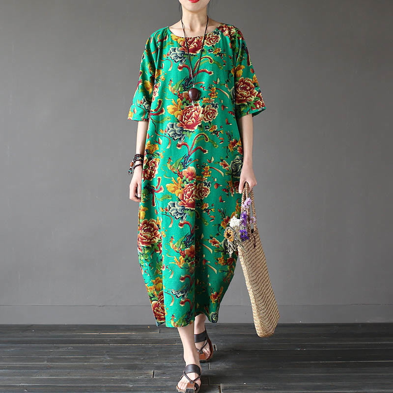 Buddha Stones Red Peony Flowers Printed Midi Dress Half Sleeve Cotton Linen Dress - image 12