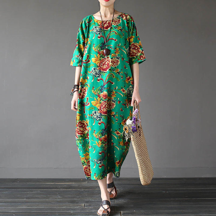 Buddha Stones Red Peony Flowers Printed Midi Dress Half Sleeve Cotton Linen Dress - image 12