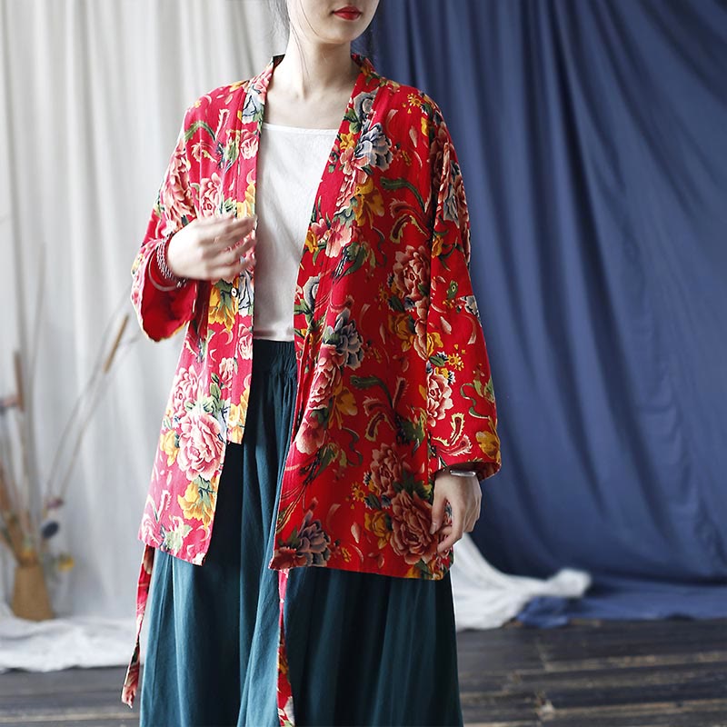 Buddha Stones Ethnic Style Northeast Red Flower Peony Print Cotton Linen Lace Up Jacket - image 17