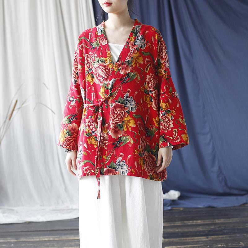 Buddha Stones Ethnic Style Northeast Red Flower Peony Print Cotton Linen Lace Up Jacket - image 5