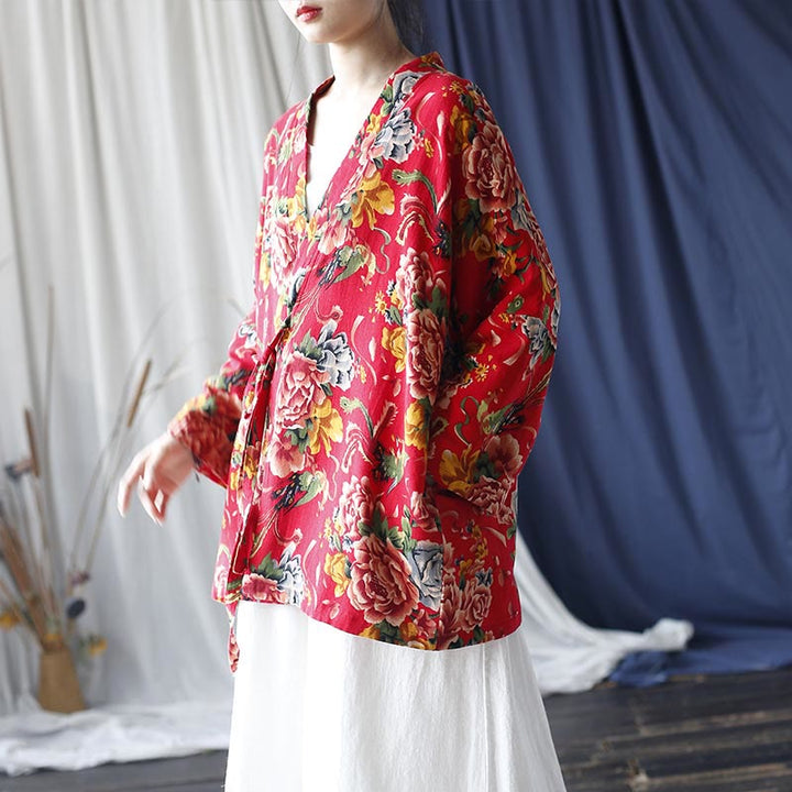 Buddha Stones Ethnic Style Northeast Red Flower Peony Print Cotton Linen Lace Up Jacket - image 4