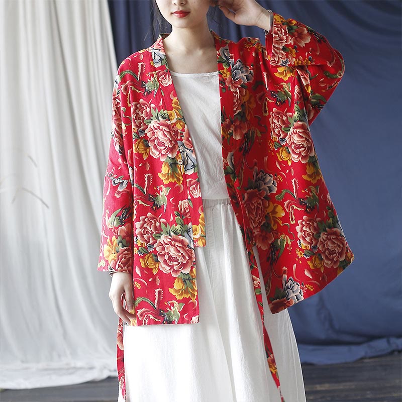 Buddha Stones Ethnic Style Northeast Red Flower Peony Print Cotton Linen Lace Up Jacket - image 3