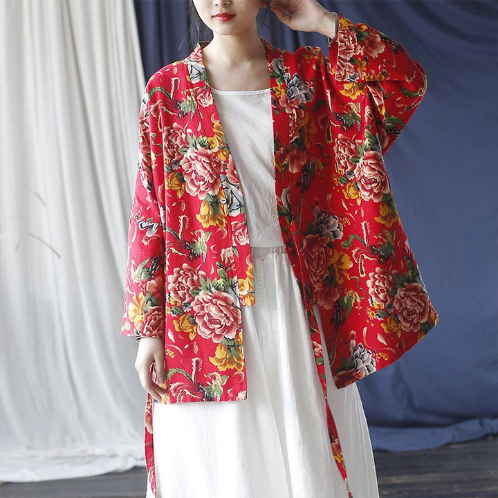 Buddha Stones Ethnic Style Northeast Red Flower Peony Print Cotton Linen Lace Up Jacket - image 3