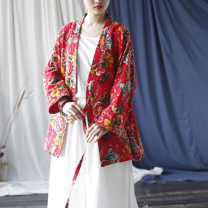 Buddha Stones Ethnic Style Northeast Red Flower Peony Print Cotton Linen Lace Up Jacket - image 18