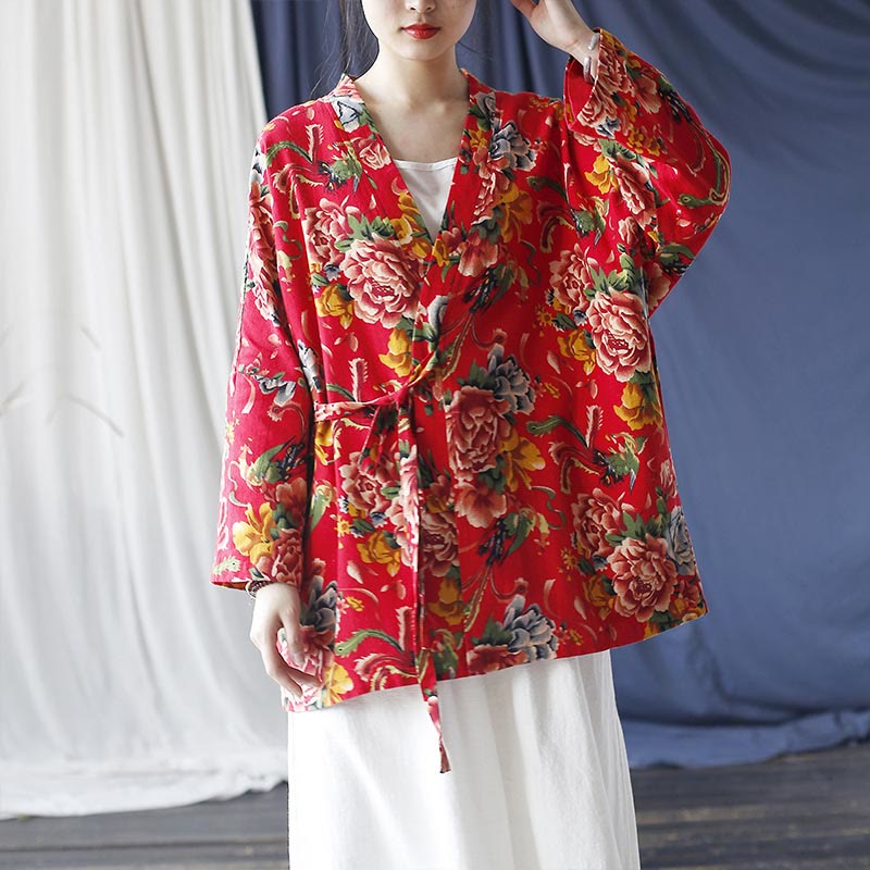 Buddha Stones Ethnic Style Northeast Red Flower Peony Print Cotton Linen Lace Up Jacket - image 20
