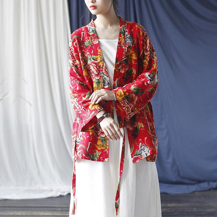 Buddha Stones Ethnic Style Northeast Red Flower Peony Print Cotton Linen Lace Up Jacket - image 21
