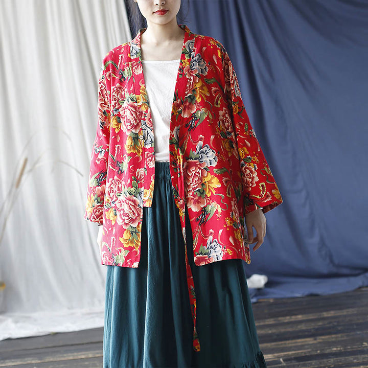 Buddha Stones Ethnic Style Northeast Red Flower Peony Print Cotton Linen Lace Up Jacket - image 16