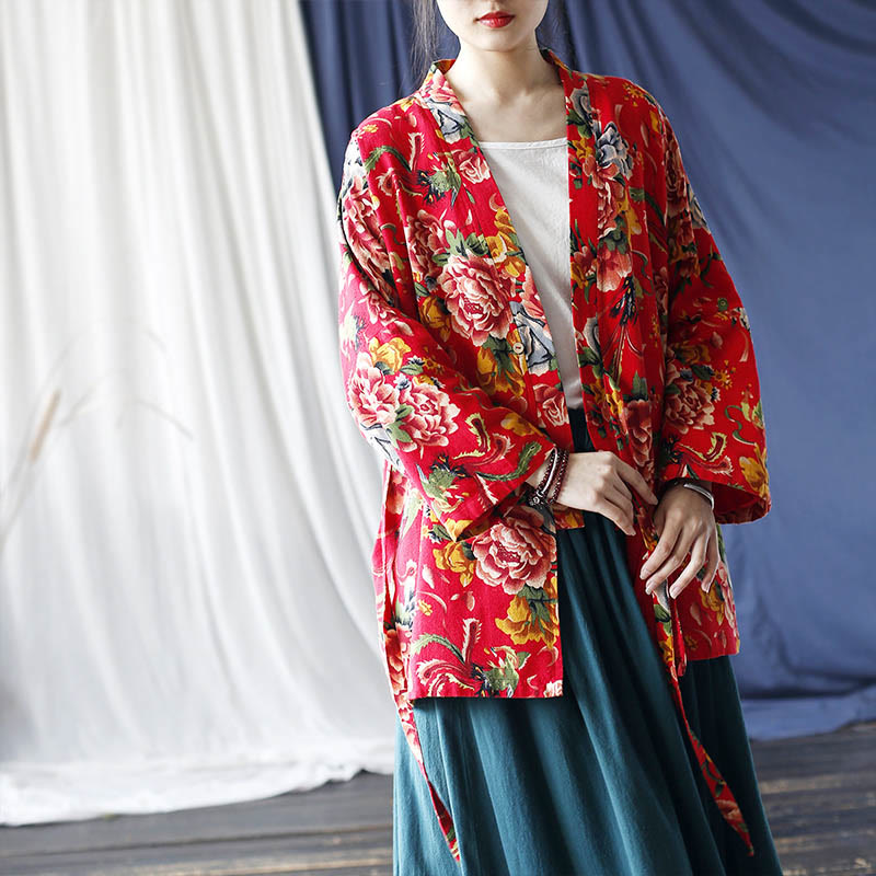 Buddha Stones Ethnic Style Northeast Red Flower Peony Print Cotton Linen Lace Up Jacket - image 22