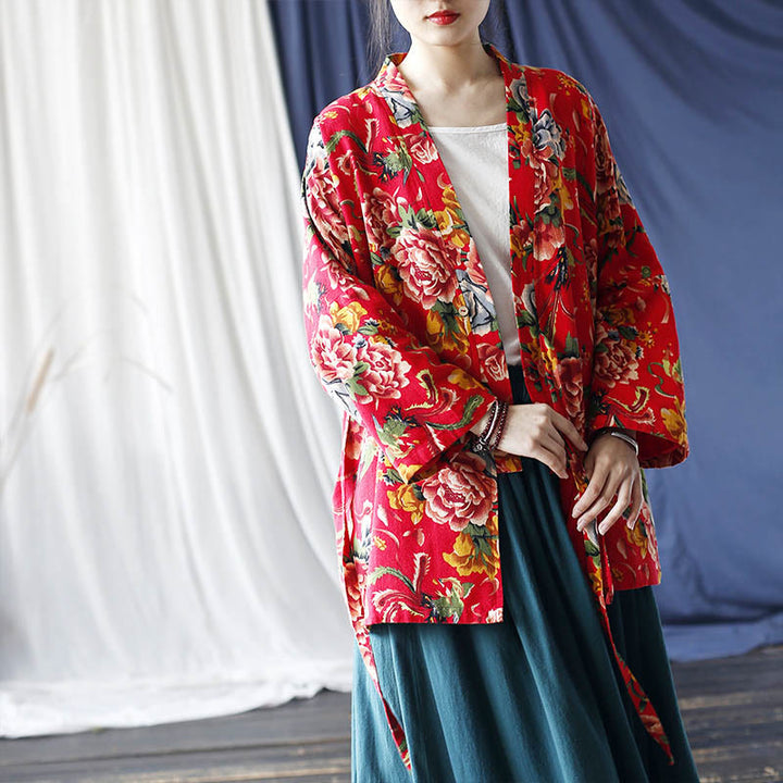 Buddha Stones Ethnic Style Northeast Red Flower Peony Print Cotton Linen Lace Up Jacket - image 22