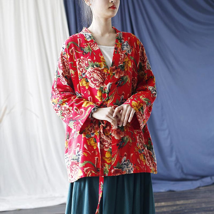 Buddha Stones Ethnic Style Northeast Red Flower Peony Print Cotton Linen Lace Up Jacket - image 23