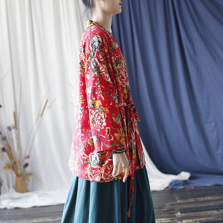 Buddha Stones Ethnic Style Northeast Red Flower Peony Print Cotton Linen Lace Up Jacket - image 2