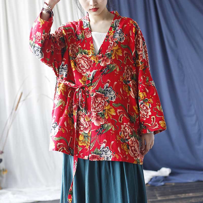 Buddha Stones Ethnic Style Northeast Red Flower Peony Print Cotton Linen Lace Up Jacket - image 1