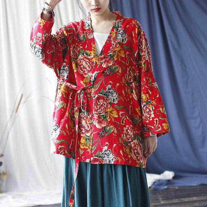 Buddha Stones Ethnic Style Northeast Red Flower Peony Print Cotton Linen Lace Up Jacket - image 1