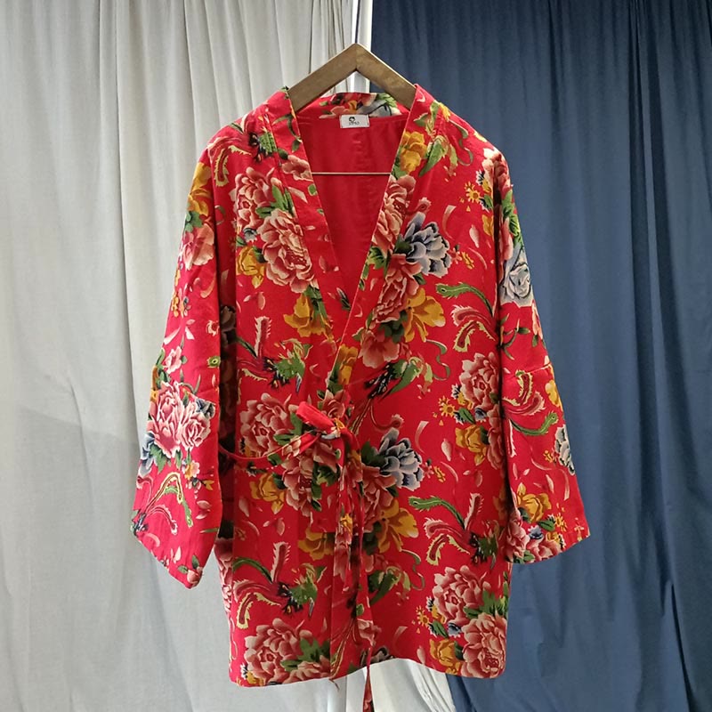 Buddha Stones Ethnic Style Northeast Red Flower Peony Print Cotton Linen Lace Up Jacket - image 15