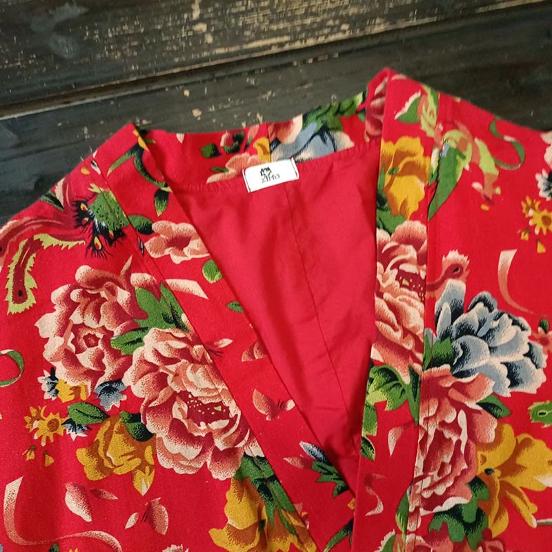Buddha Stones Ethnic Style Northeast Red Flower Peony Print Cotton Linen Lace Up Jacket - image 6