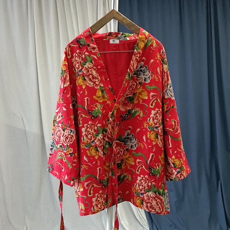 Buddha Stones Ethnic Style Northeast Red Flower Peony Print Cotton Linen Lace Up Jacket - image 14