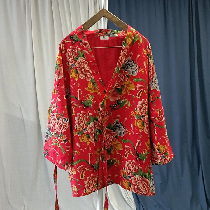 Buddha Stones Ethnic Style Northeast Red Flower Peony Print Cotton Linen Lace Up Jacket - image 14