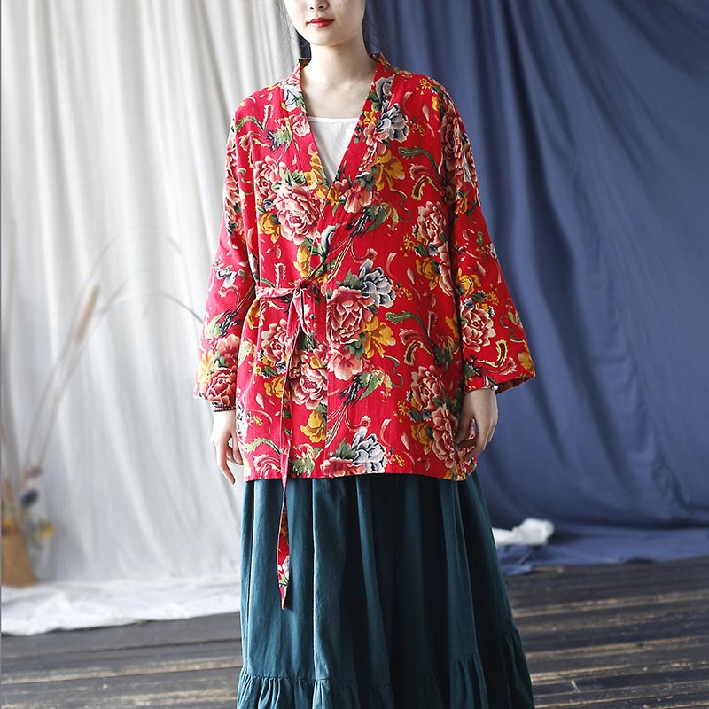 Buddha Stones Ethnic Style Northeast Red Flower Peony Print Cotton Linen Lace Up Jacket - image 19