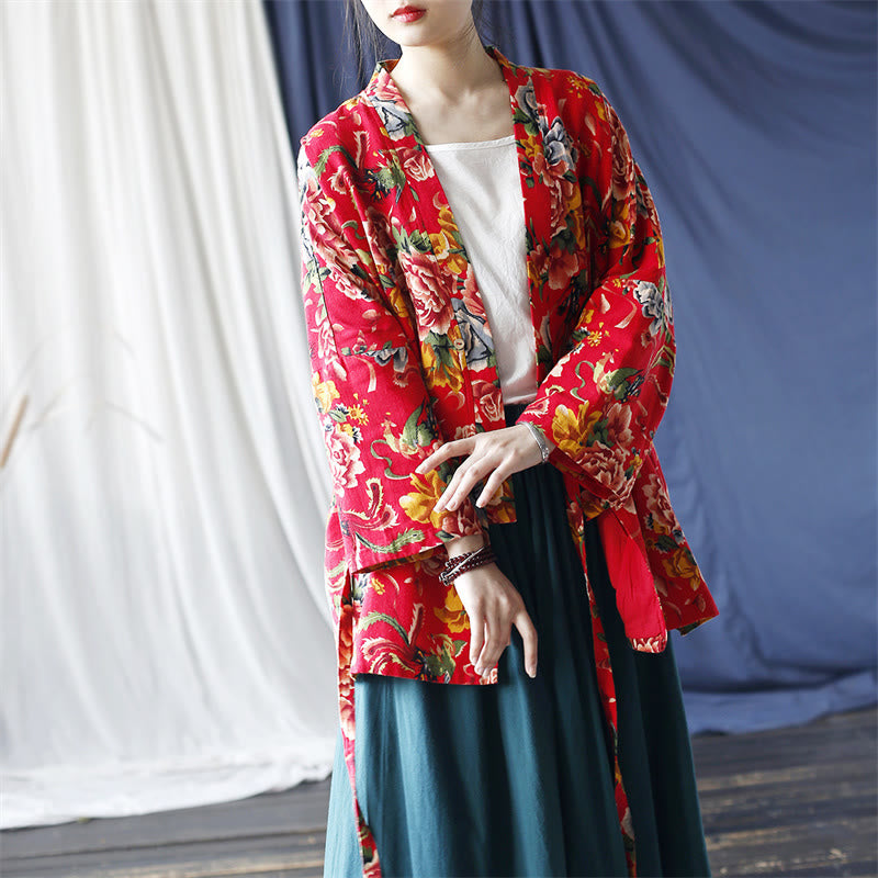Buddha Stones Ethnic Style Northeast Red Flower Peony Print Cotton Linen Lace Up Jacket - US4-12，UK/AU8-16，EU36-44 (F)-Jacket Only - image 0