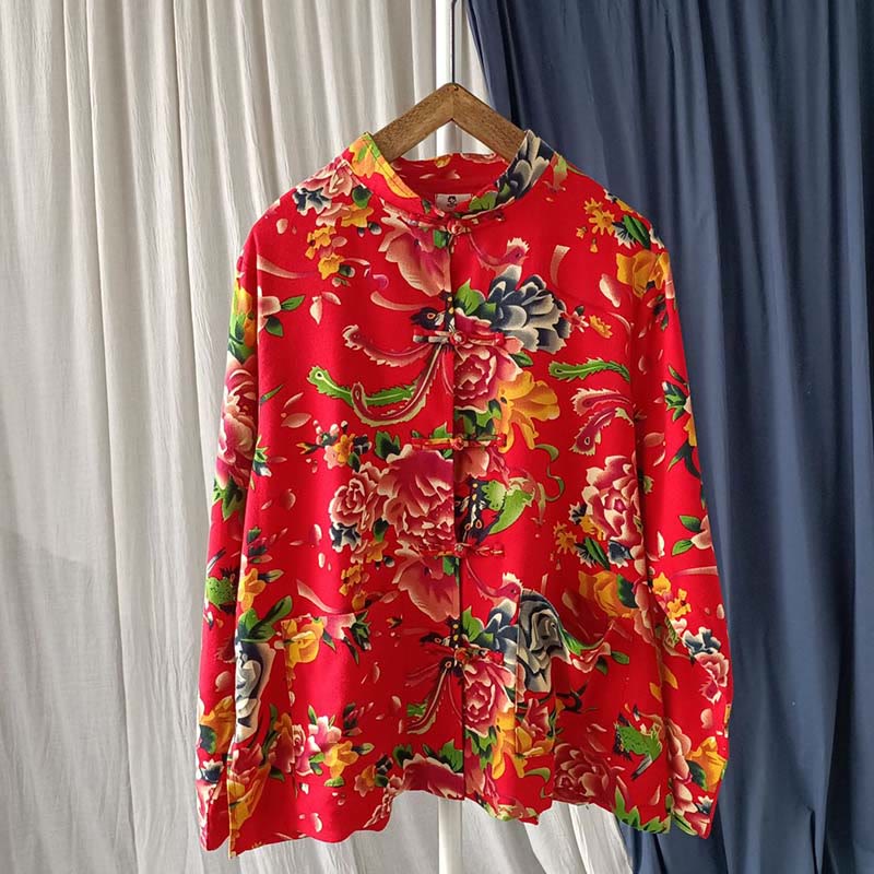 Buddha Stones Ethnic Red Flower Peony Frog-Button Cotton Linen Long Sleeve Shirt Jacket With Pockets - image 16