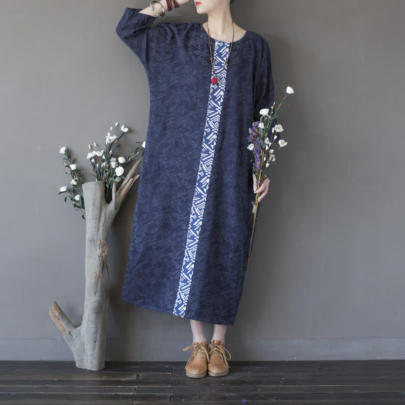 Buddha Stones Blue Flowers Embroidery Jacquard Midi Dress Three Quarter Sleeve Cotton Dress With Pockets - image 18