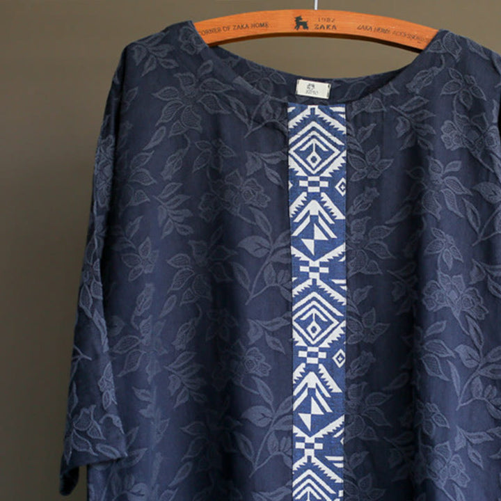 Buddha Stones Blue Flowers Embroidery Jacquard Midi Dress Three Quarter Sleeve Cotton Dress With Pockets - image 5