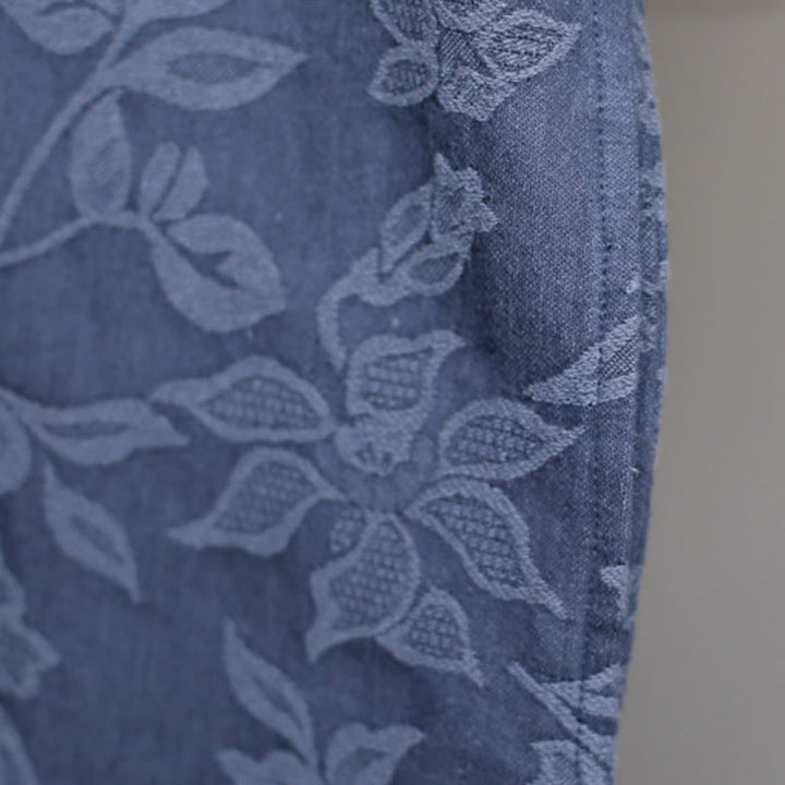 Buddha Stones Blue Flowers Embroidery Jacquard Midi Dress Three Quarter Sleeve Cotton Dress With Pockets - image 8