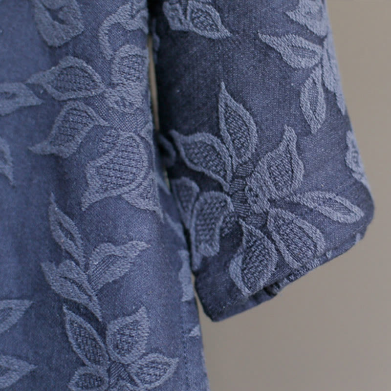 Buddha Stones Blue Flowers Embroidery Jacquard Midi Dress Three Quarter Sleeve Cotton Dress With Pockets - image 13