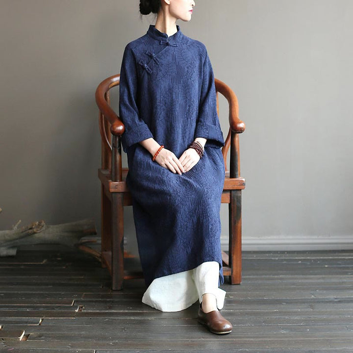 Buddha Stones Flower Jacquard Midi Dress Long Sleeve Cotton Linen Dress Wide Leg Pants With Pockets - image 4