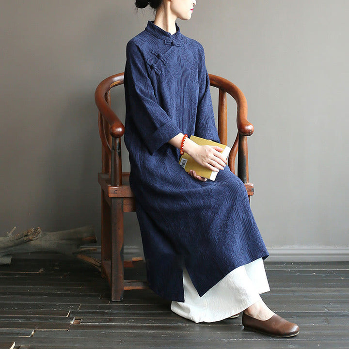 Buddha Stones Flower Jacquard Midi Dress Long Sleeve Cotton Linen Dress Wide Leg Pants With Pockets - Blue Dress&Pants - US4-8/10，UK/AU8-12/14，EU36-40/42 (F) - image 0