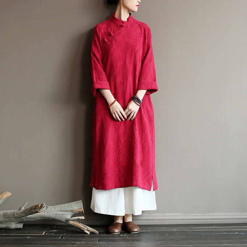 Buddha Stones Flower Jacquard Midi Dress Long Sleeve Cotton Linen Dress Wide Leg Pants With Pockets - image 19