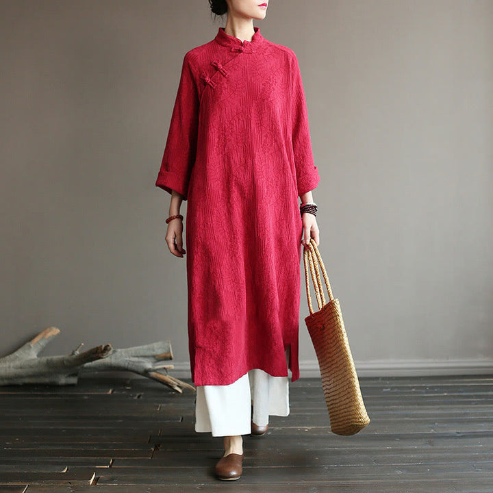 Buddha Stones Flower Jacquard Midi Dress Long Sleeve Cotton Linen Dress Wide Leg Pants With Pockets - image 28