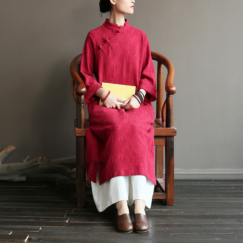 Buddha Stones Flower Jacquard Midi Dress Long Sleeve Cotton Linen Dress Wide Leg Pants With Pockets - image 32