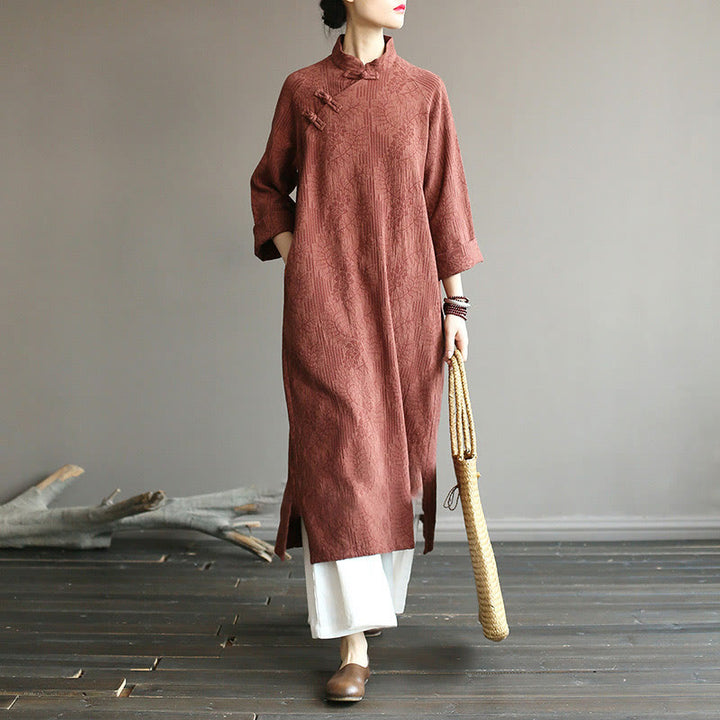 Buddha Stones Flower Jacquard Midi Dress Long Sleeve Cotton Linen Dress Wide Leg Pants With Pockets - image 34