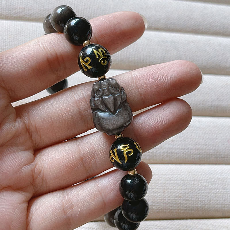 Buddha Stones Natural Silver Sheen Obsidian Black Obsidian Om Mani Padme Hum Pixiu Protection Bracelet - image 4