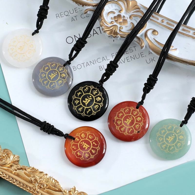 Buddha Stones Om Mani Padme Hum Natural Various Crystal Black Obsidian Strength Necklace Pendant - image 34