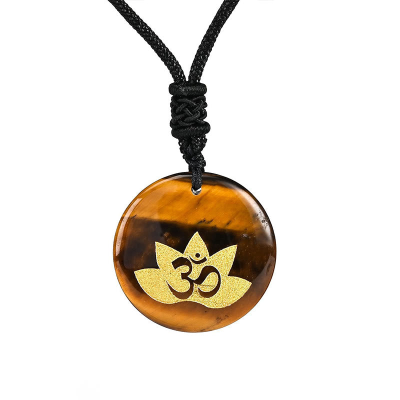 Buddha Stones OM Lotus Symbol Various Crystal Amethyst Tiger Eye Healing Necklace Pendant - Tiger Eye - image 3