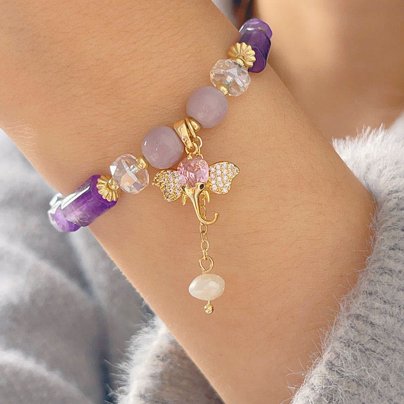 Buddha Stones Amethyst Green Aventurine Strawberry Quartz Positive Elephant Charm Bracelet - image 4