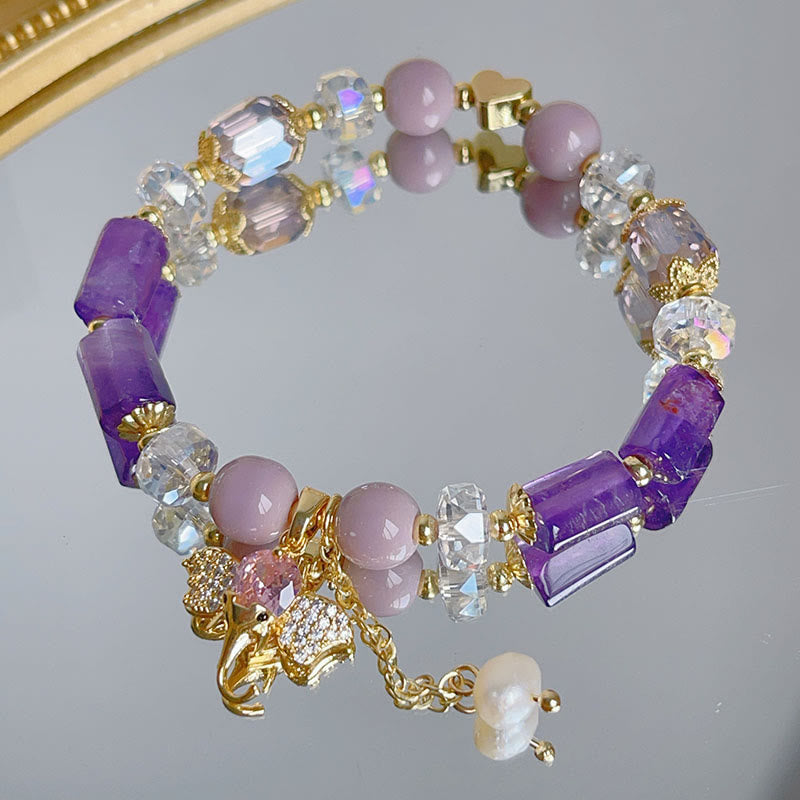 Buddha Stones Amethyst Green Aventurine Strawberry Quartz Positive Elephant Charm Bracelet - image 1