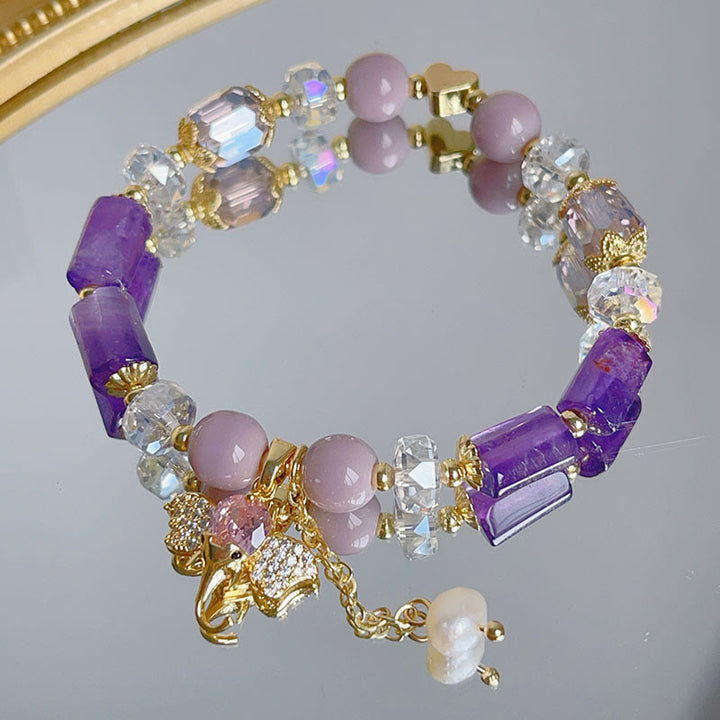 Buddha Stones Amethyst Green Aventurine Strawberry Quartz Positive Elephant Charm Bracelet - image 1