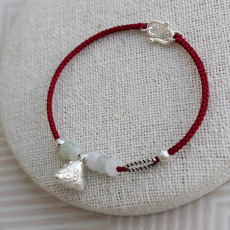 Buddha Stones 925 Sterling Silver Jade Red String Zongzi Charm Abundance Bracelet - image 1