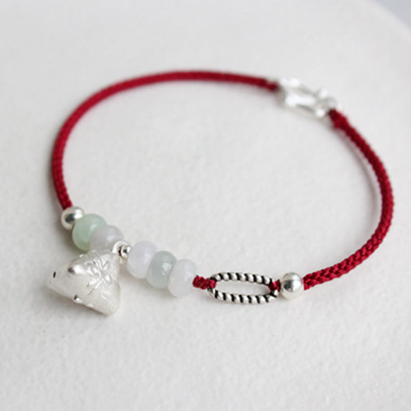 Buddha Stones 925 Sterling Silver Jade Red String Zongzi Charm Abundance Bracelet - Red String(Wrist Circumference 14-18 cm) - image 0