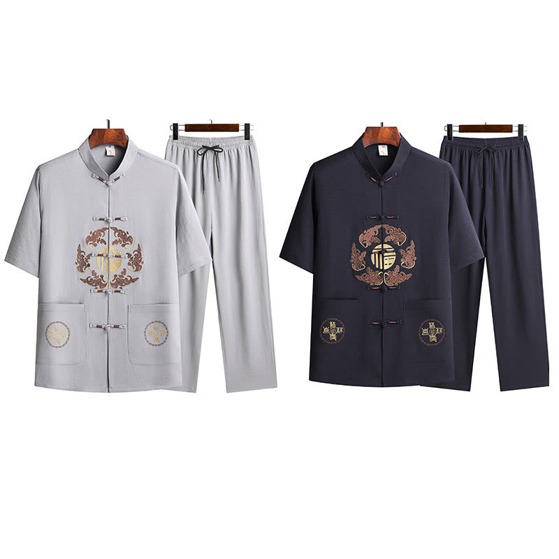Buddha Stones Fu Character Tang Suit Hanfu Traditional Uniform Short Sleeve Top Pants Clothing Men's Set - image 30