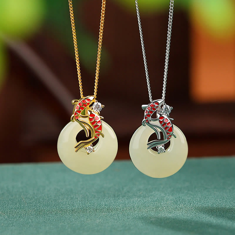 Buddha Stones 925 Sterling Silver Hetian Jade Peace Buckle Koi Fish Luck Necklace Pendant - image 1